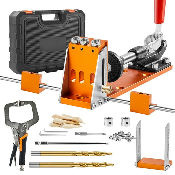 KFFKFF Pocket Hole Jig Set, 34 Piece Pocket Hole Jig Assembly with 11" C-clamp, Mounting Fixture, Incremental Drills, Spanners, Drill Halt Rings, Square Drive Attachments, Toolbox, Modifiable