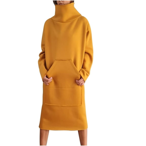 biudgviw Sweatshirt Dresses for Women Comfy Fleece Long Sleeve High Neck Midi Dress Winter Warm Plus Size Dress with Pockets