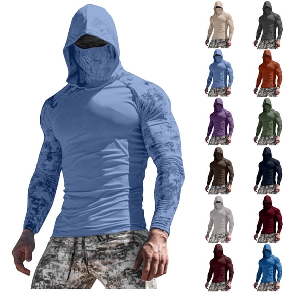 FRSASU Men's Breathable and Simple Sun Protection Hoodie Shirt Long Sleeve Fishing Outdoor UV Protection Hiking Lightweight Shirts with Mask Wine