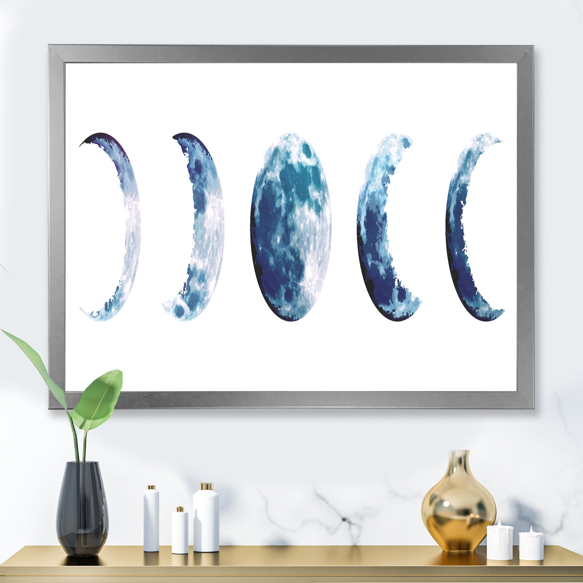 Designart 'Magic Blue Moon Phases On White' Bohemian & Eclectic Framed Art Print