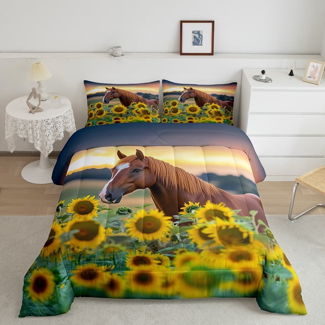 Erosebridal Ensemble de Literie Imprimé Cheval Grand, Couette Tournesol Vibrant, Décor Rustique Faune, Réversible