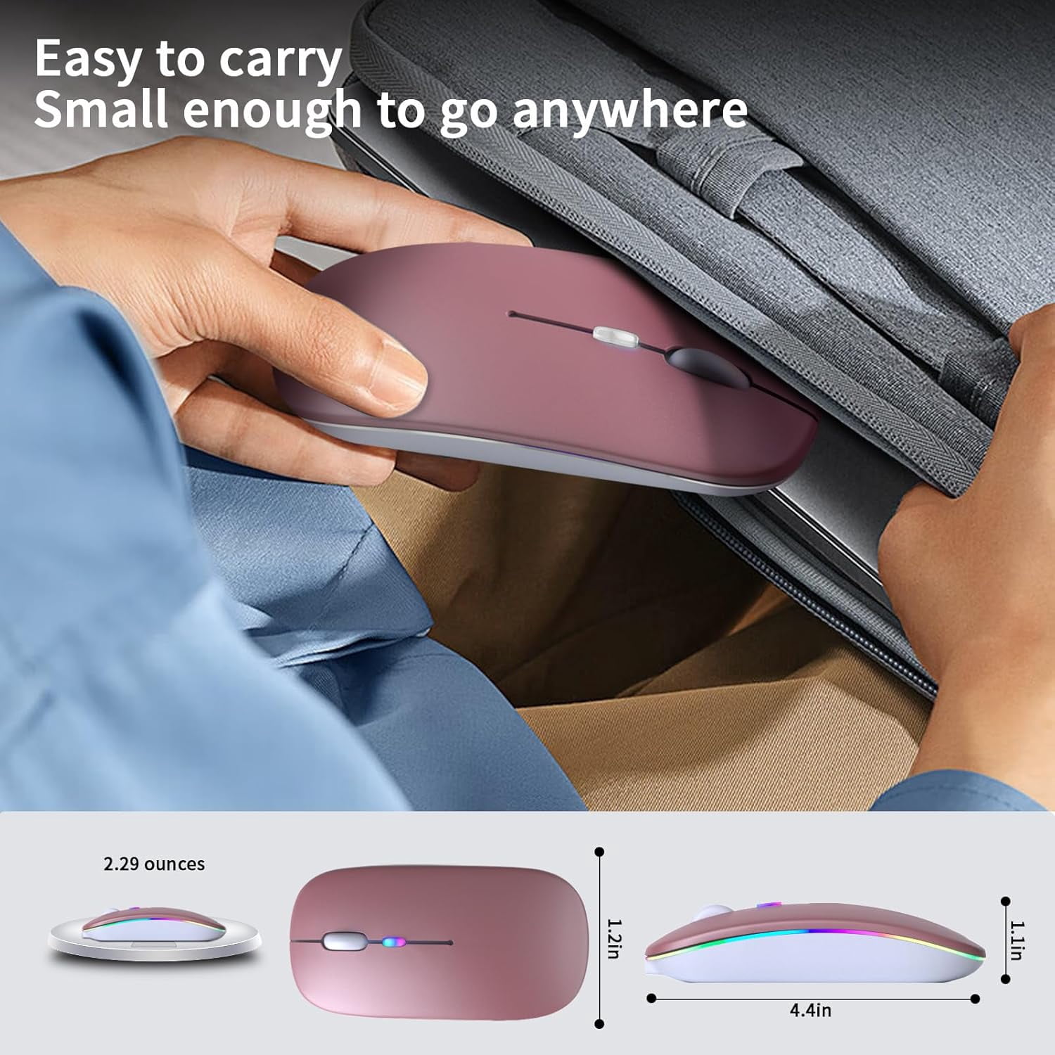 Wireless Bluetooth Mouse – Rechargeable, Silent, Dual Mode (Bluetooth 5.2 & USB) with LED Lights – Portable for Laptop, Desktop, & Tablet(Black)