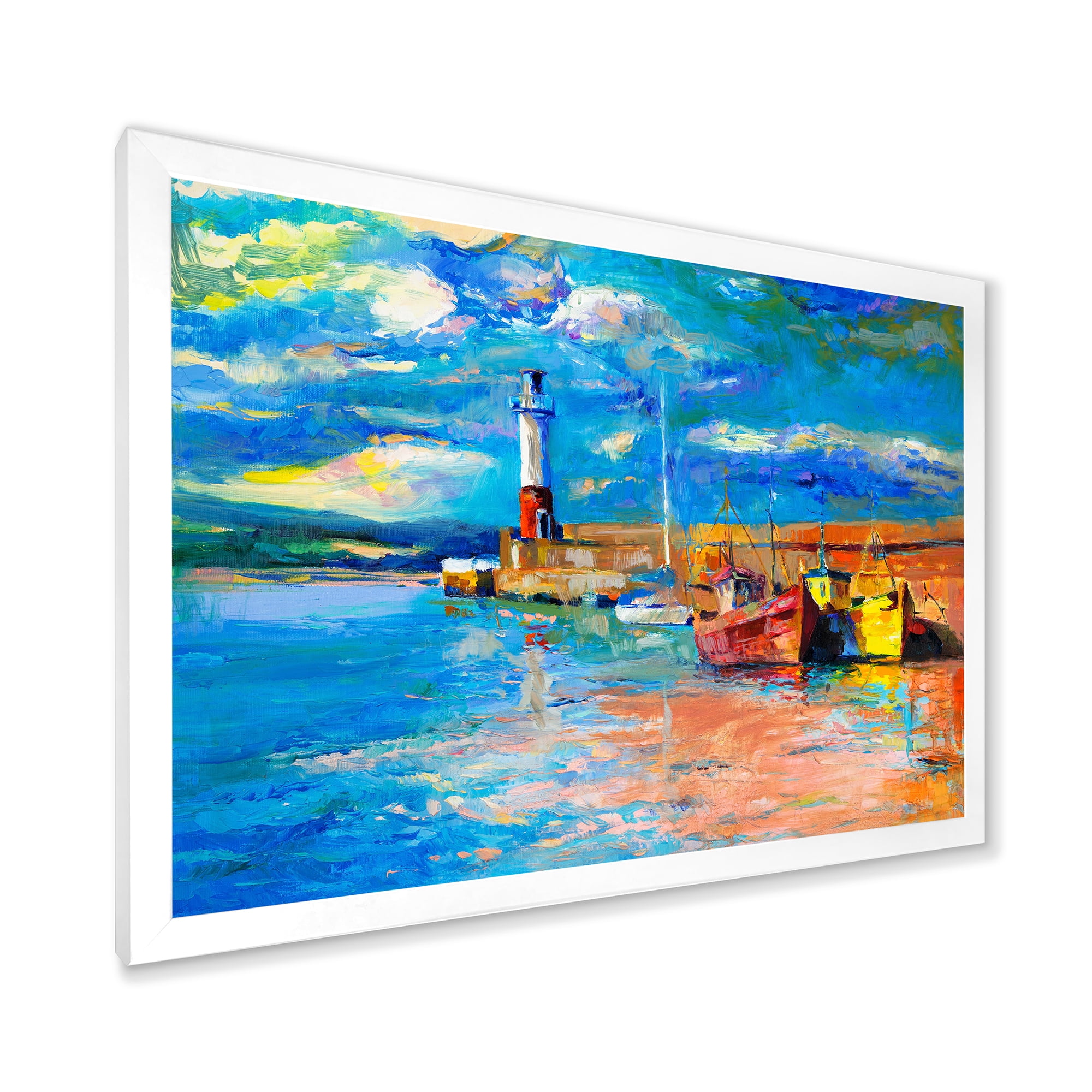Designart 'Lighthouse By The Shore In Evening Glow ' Nautical & Coastal Framed Art Print