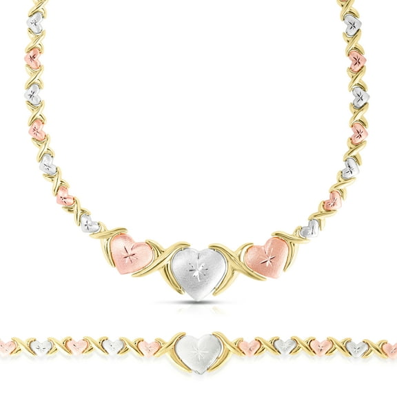Floreo 925 Sterling Silver Stampato XOXO Hugs and Kisses with Graduating Heart Pendant Bracelet and Necklace Set