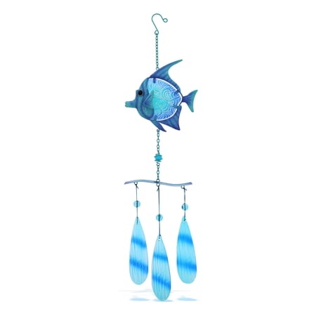 CoTa Global Blue Fish Hanging Sea Glass Wind Chime 27.36 Inch, Nautical Glass Windchime Outdoor Decor for a Harmonic Porch, Patio & Garden, Unique Beach Art Indoor Wind Chime Window Mobile