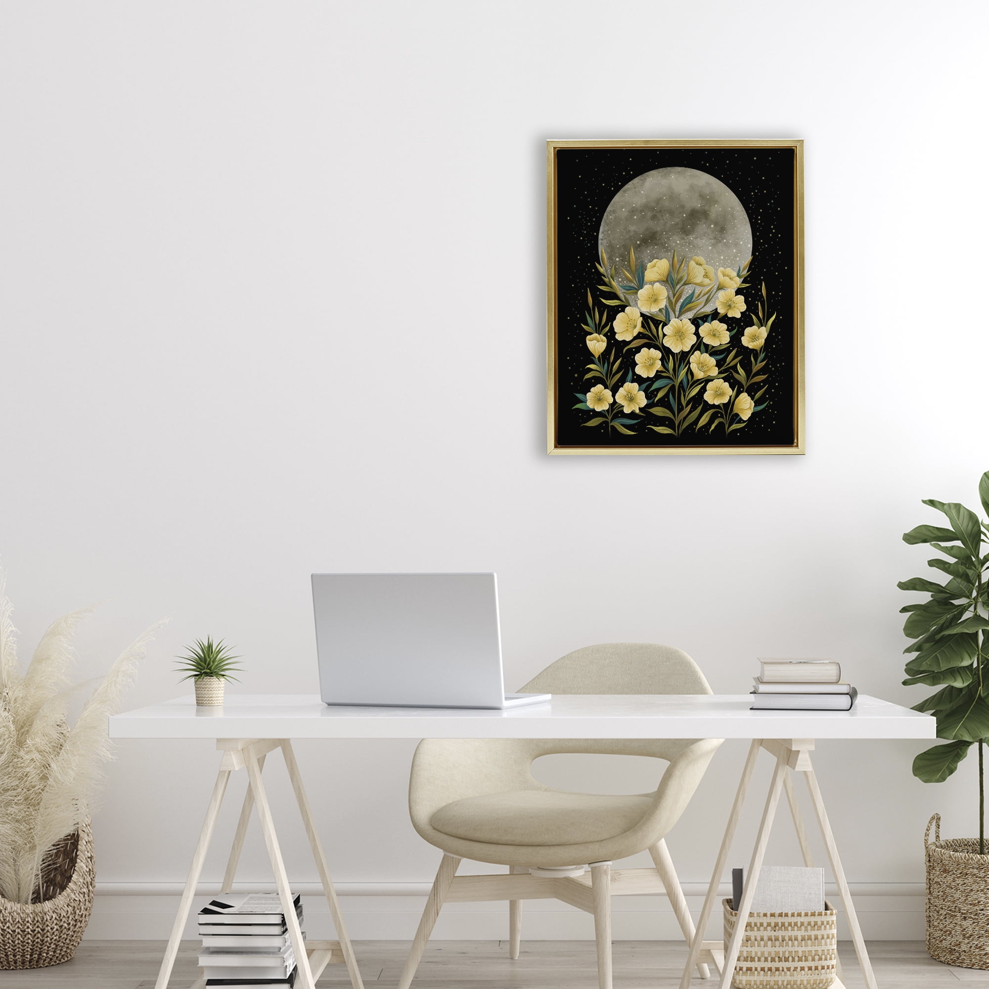 Stupell Industries Moon Greeting Yellow Flowers Gold Framed Floater Canvas Wall Art, design by Episodic Drawings