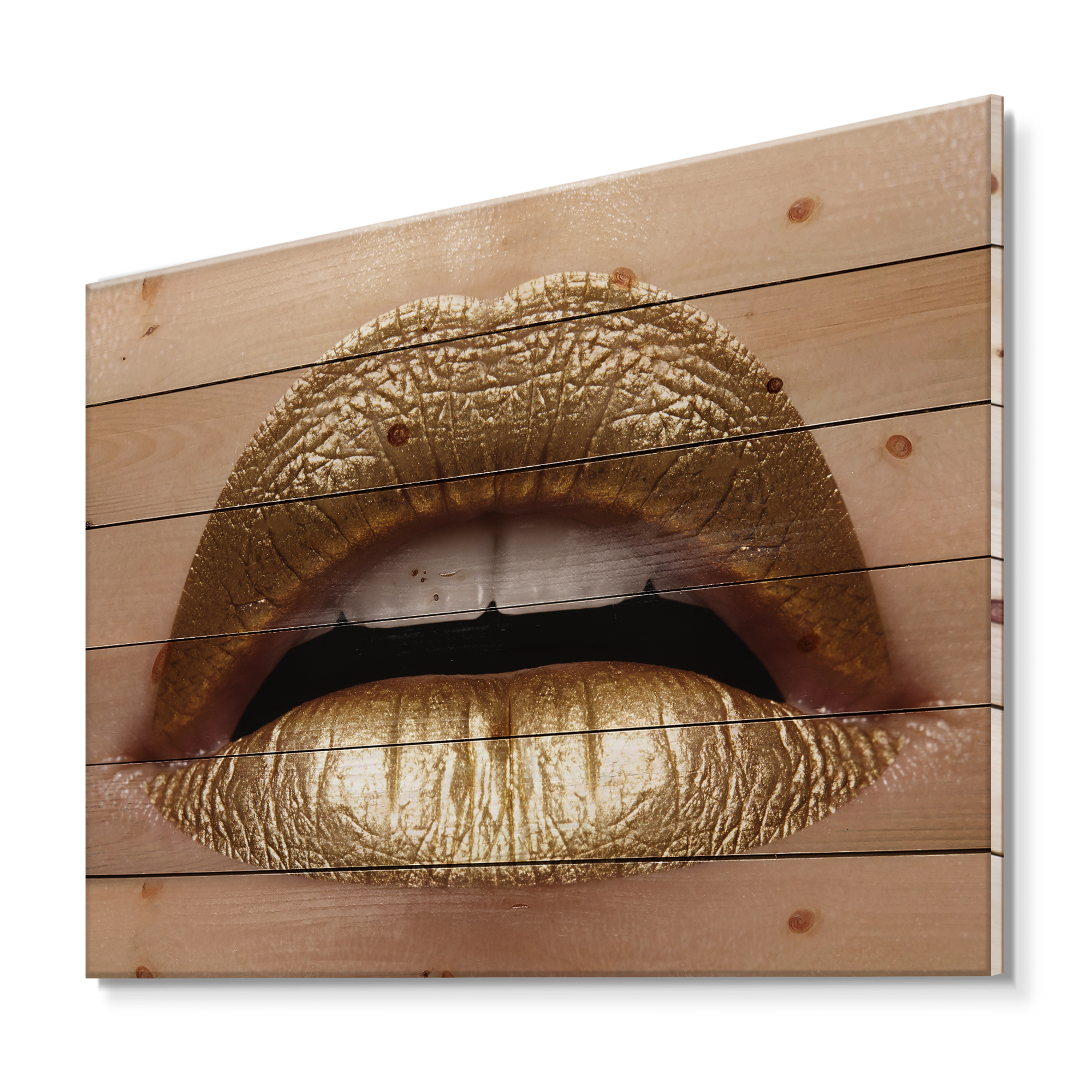 Designart 'Close Up of Woman Plump Lips With Golden Lipstick' Modern Print on Natural Pine Wood