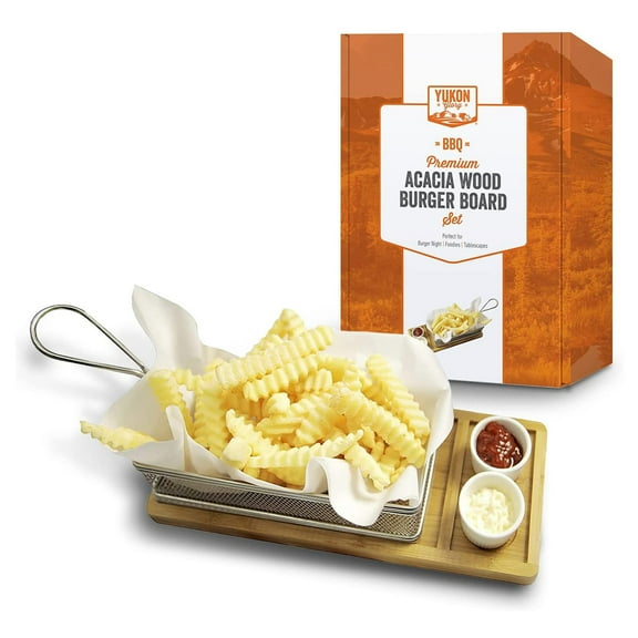 Yukon Glory French Fry Holder Serving Basket with Wooden Serving Tray & 2 Sauce Cups