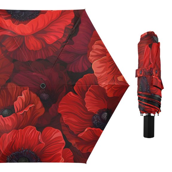 Blooming Poppy Flower Compact Sun Umbrella Windproof Travel Umbrellas for Rain Strong Portable UV Protection