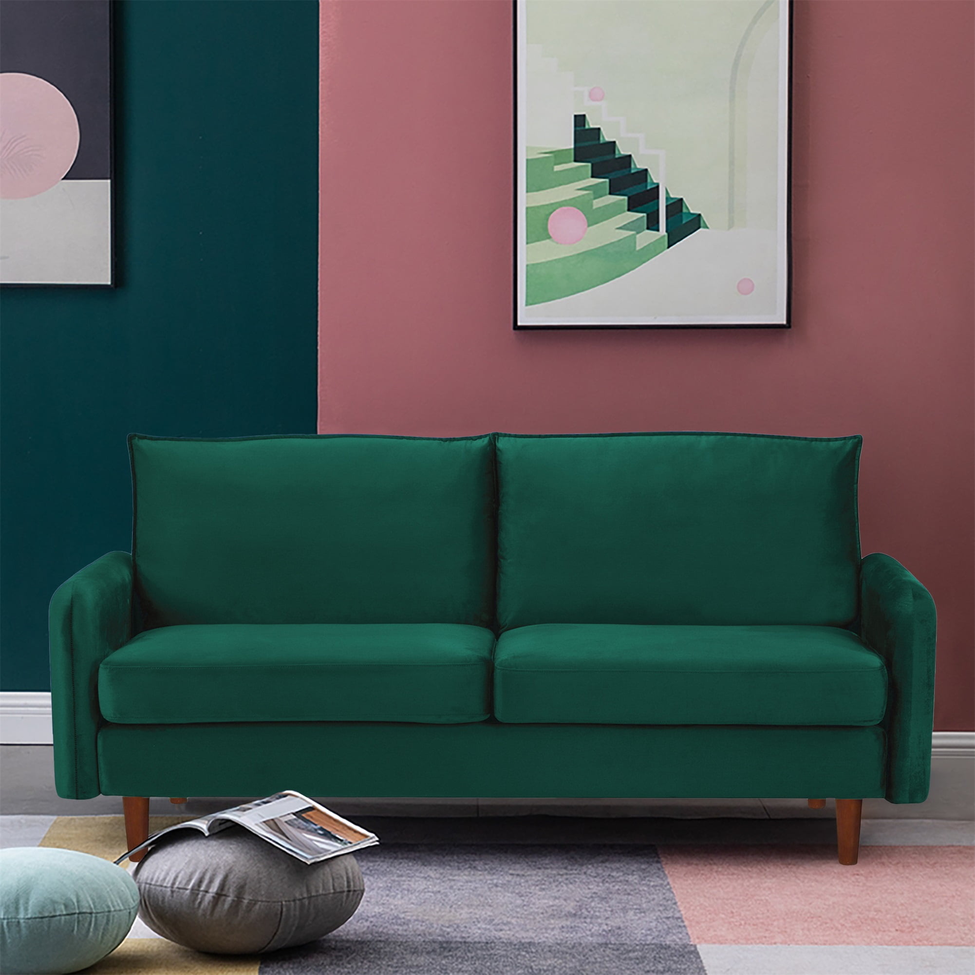 Private Jungle Mid Century Modern Velvet Loveseat Sofa with Wood Legs for Small Spaces (Green) Private Jungle Mid Century Modern Velvet Loveseat Sofa with Wood Legs for Small Spaces (Green)