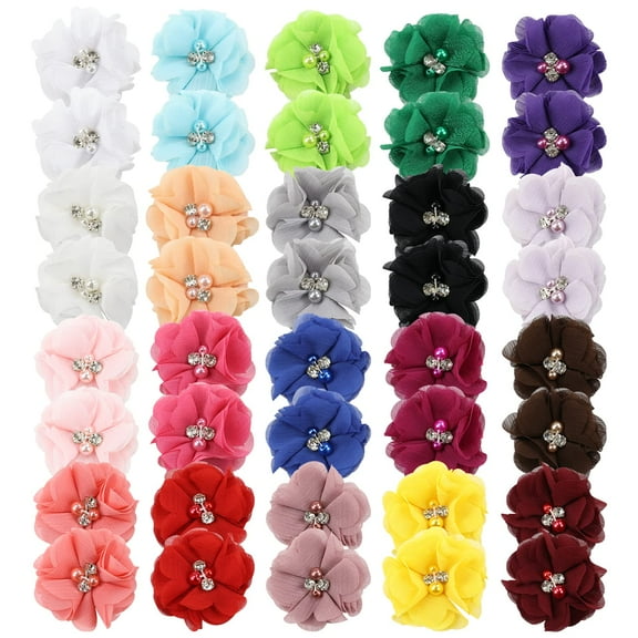 40 Pack/20 Pairs 2" Solid Chiffon Flower with Rhinestones Pearls Ponytail Pigtail Alligator Hair Clips Barrettes 2 Inch Small Floral Bows Accessories for Baby Girls Toddlers Infants Kids Teens