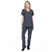 Elements Select ES2976 Women's Mock Wrap Top and Cargo Pocket Yoga Pant Scrub Set Pewter X-Large