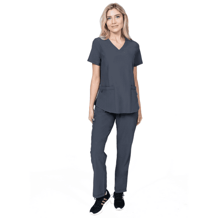 Elements Select ES2976 Women's Mock Wrap Top and Cargo Pocket Yoga Pant Scrub Set Pewter X-Large