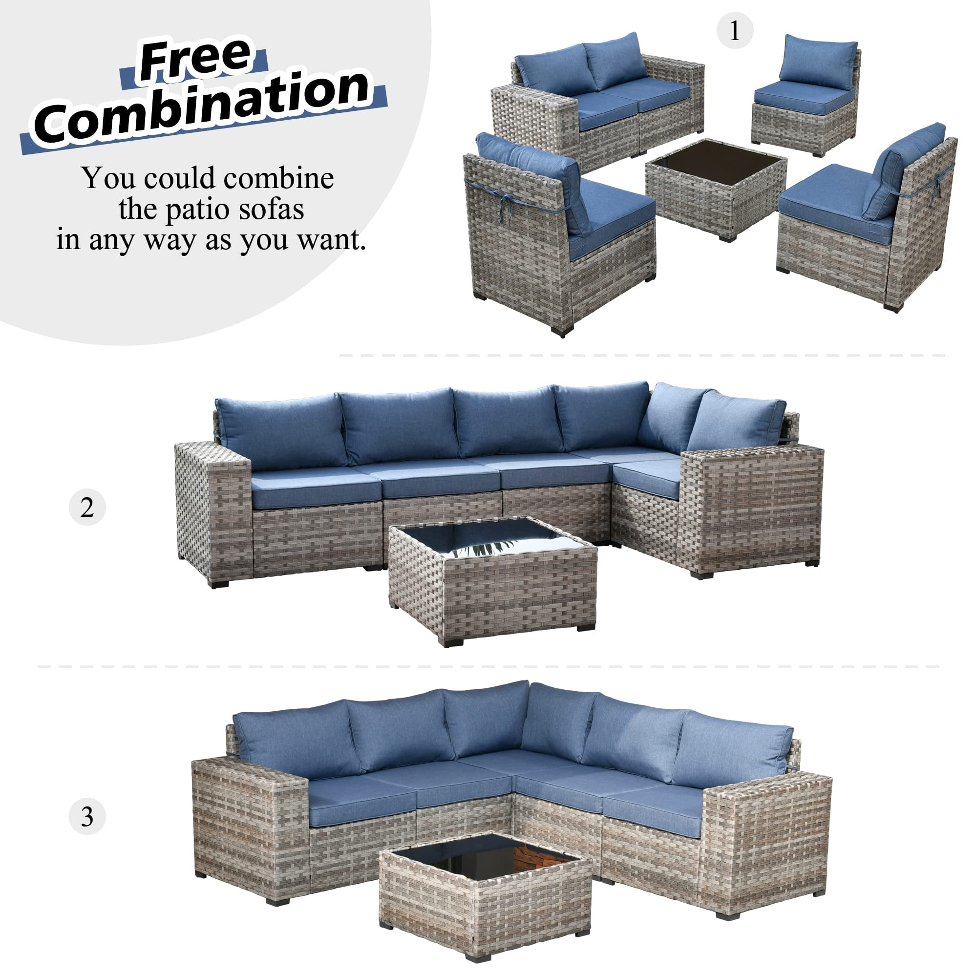 Vcatnet 6 Pieces Patio Furniture Outdoor Sectional Sofa Wicker Conversation Set with Coffee Table for Garden,Poolside,Denim blue