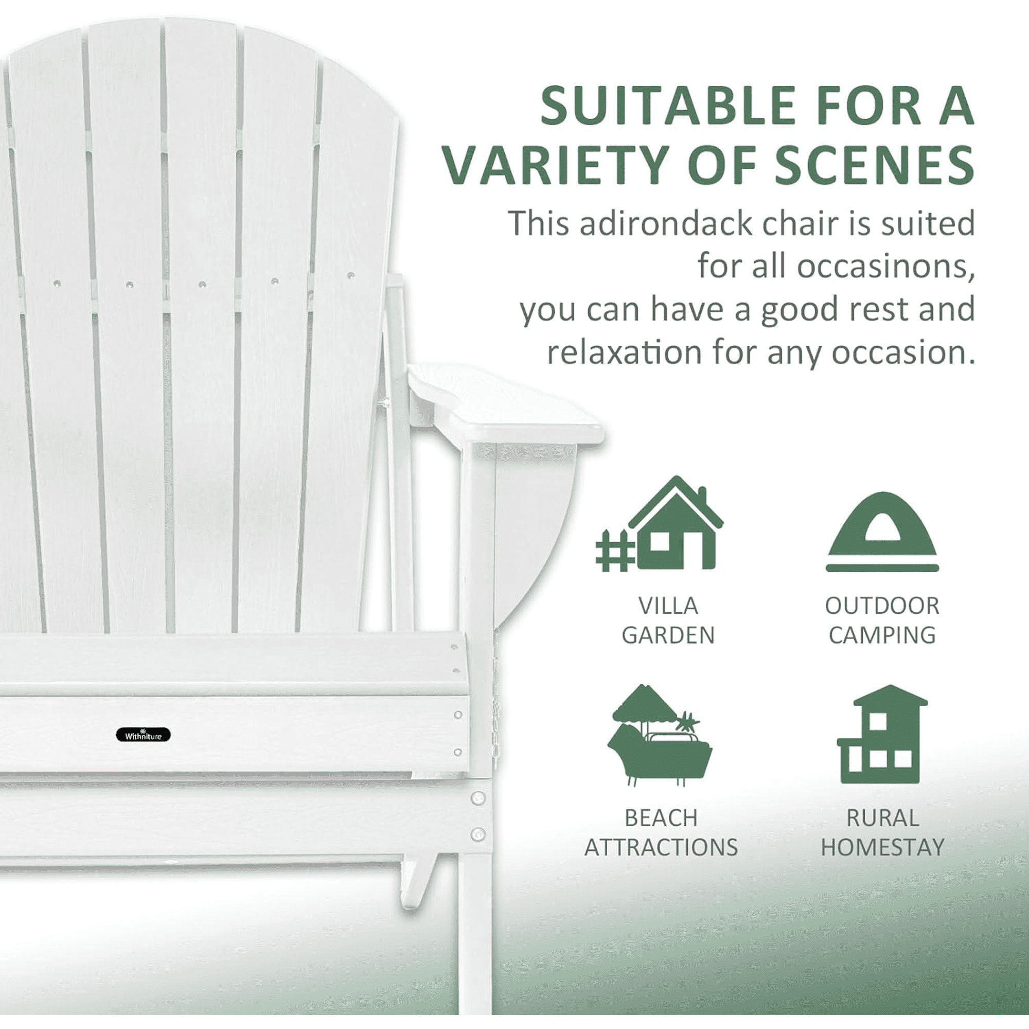 Withniture Folding Adirondack Chair Wood Texture, Patio Chair Weather Resistant, Wood Plastic Fire Pit Chair with Cup Holder, for Lawn Outdoor Porch Garden Backyard Deck(White)