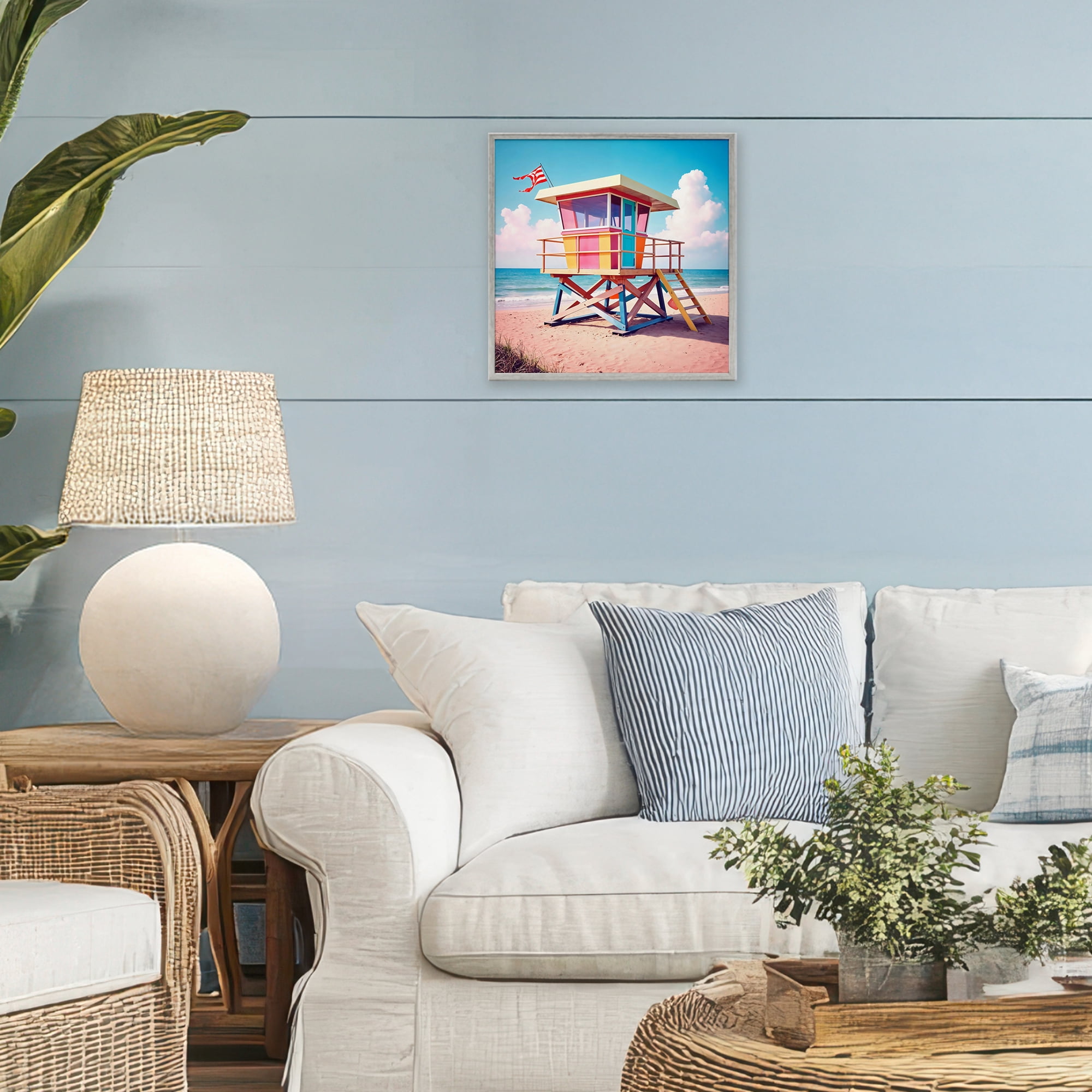 Stupell Industries Colorful Sunny Beach Tower Gray Framed Giclee Art, design by Creative Studio
