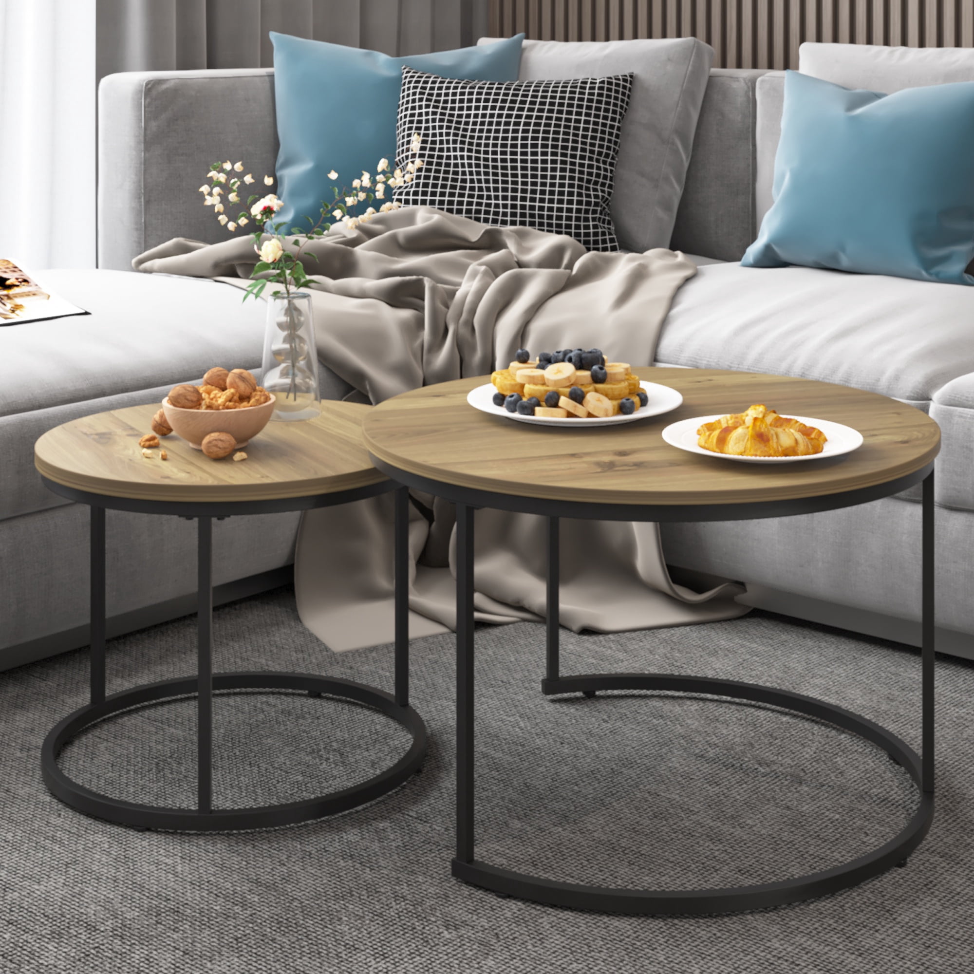 PORKISS Round Coffee Table Set of 2, 27.56" Nesting Center Tables for Living Room, 2-Piece Side Tables with Metal Frame for Living Room Home Office, Brown