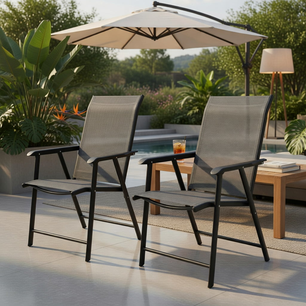 Hommoo 2-Pack Foldable Outdoor Patio Chairs, Steel Frame, Weather-Resistant Fabric, Lightweight & Space-Saving for Backyard, Deck, or Indoor Use, Gray