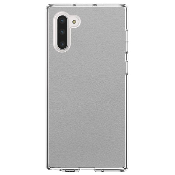 DistinctInk Clear Shockproof Hybrid Case for Samsung Galaxy Note 10 (6.3" Screen) - TPU Bumper, Acrylic Back, Tempered Glass Screen Protector - Lt Grey Faux Leather Print Design - Printed Leather