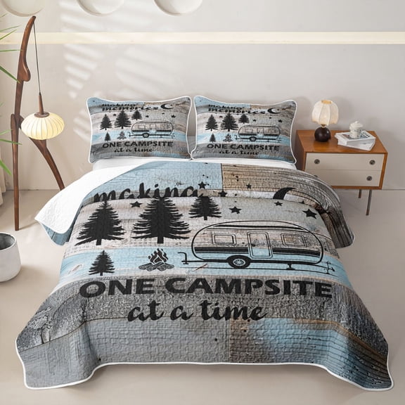 Castle Fairy Rustic Camping Quote Twin Quilt Set,Retro Camper Print Twin Coverlet Set for Bedroom,Blue Gray