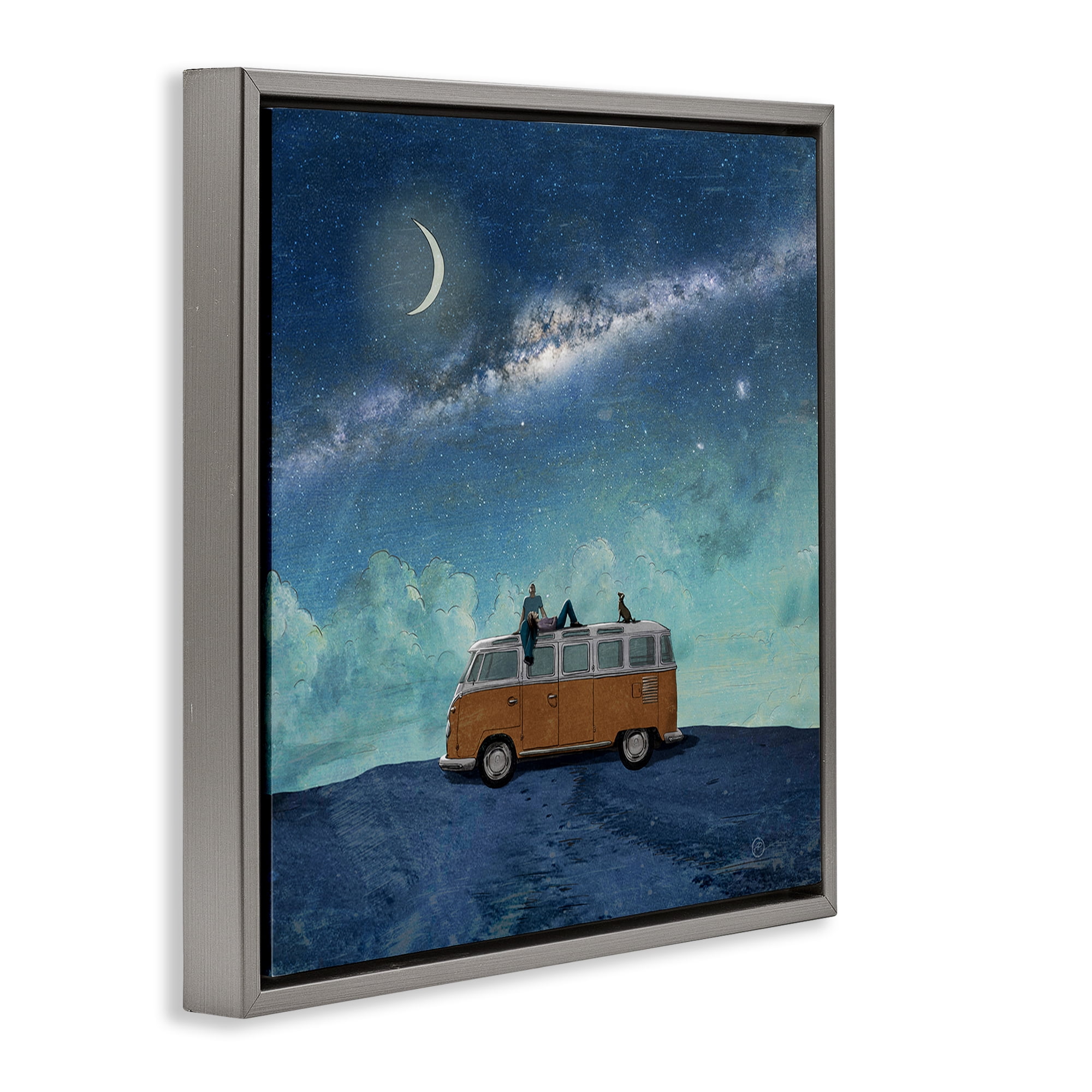 Stupell Industries Couple & Dog Adventure Transportation Painting Gray Floater Framed Canvas Art Print Wall Art, 18 x 18