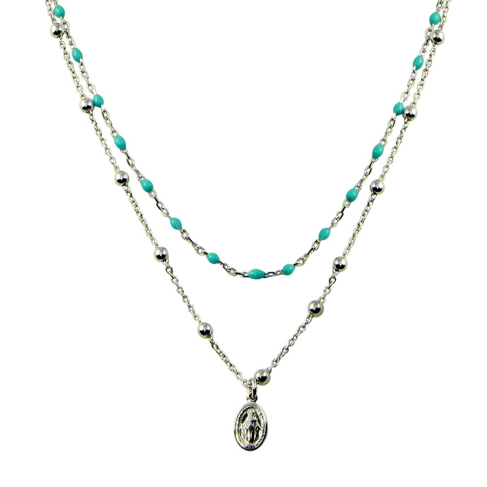 Simulated Turquoise Double Chain Beaded Medallion Charm Necklace ...