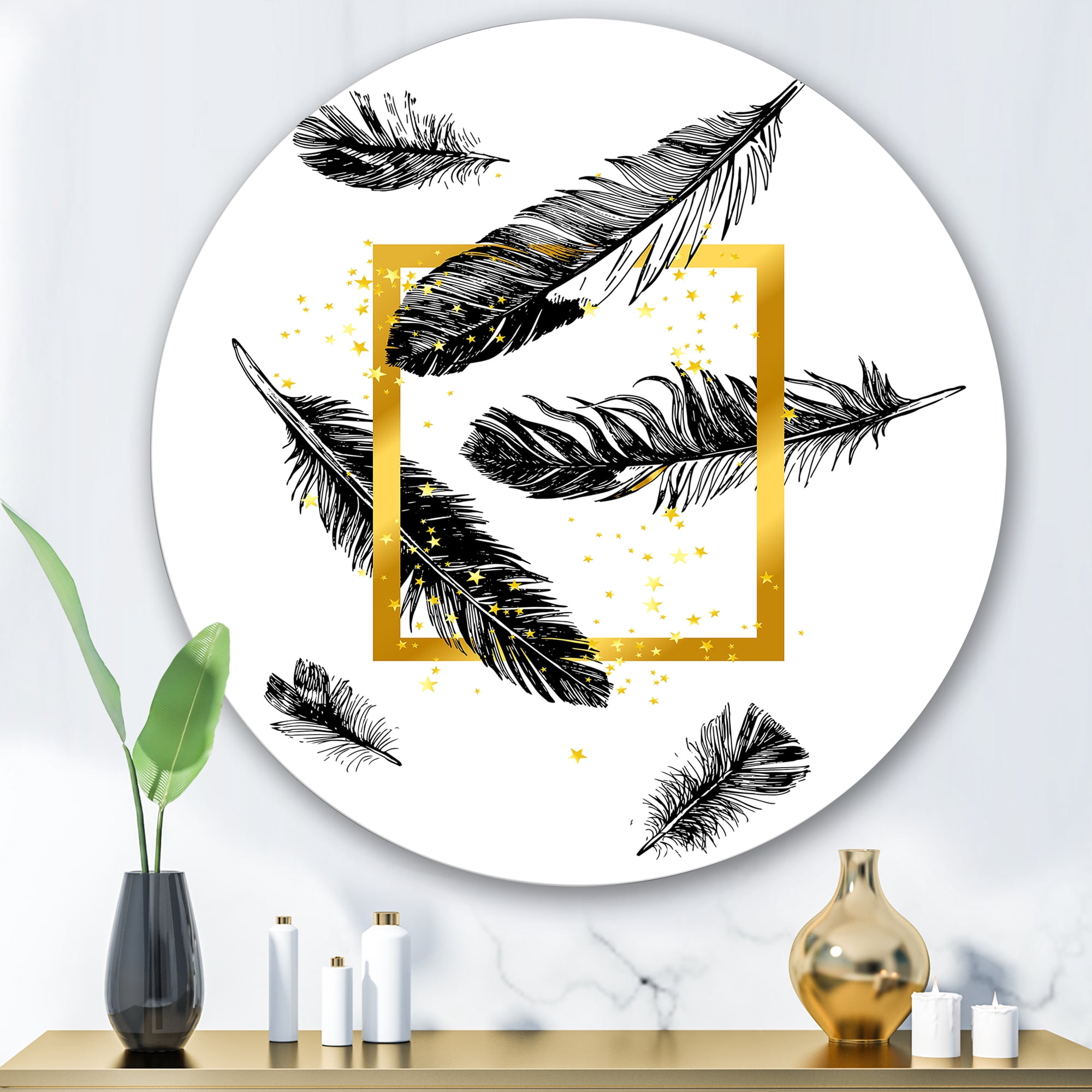 Designart 'Feathers and Golden Frame' Bohemian & Eclectic Circle Metal Wall Art 36x36 - Disc of 36