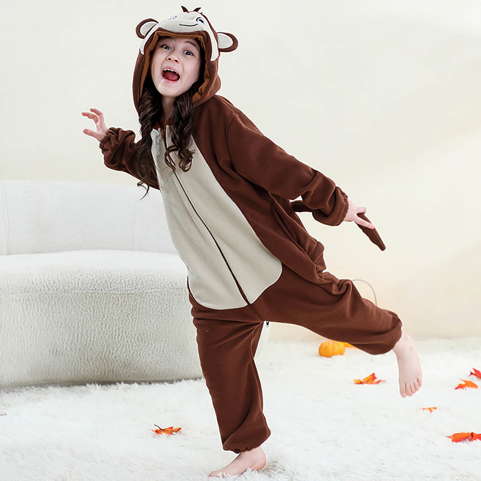 YUEHUA Kids Onesie Animal One Piece Pajamas Christmas Monkey Cos-tume Girls Boys Fleece Hooded Onesie Pajamas Cute Fuzzy Sleepwear Winter Warm Romper Outfits, 11-12 Years