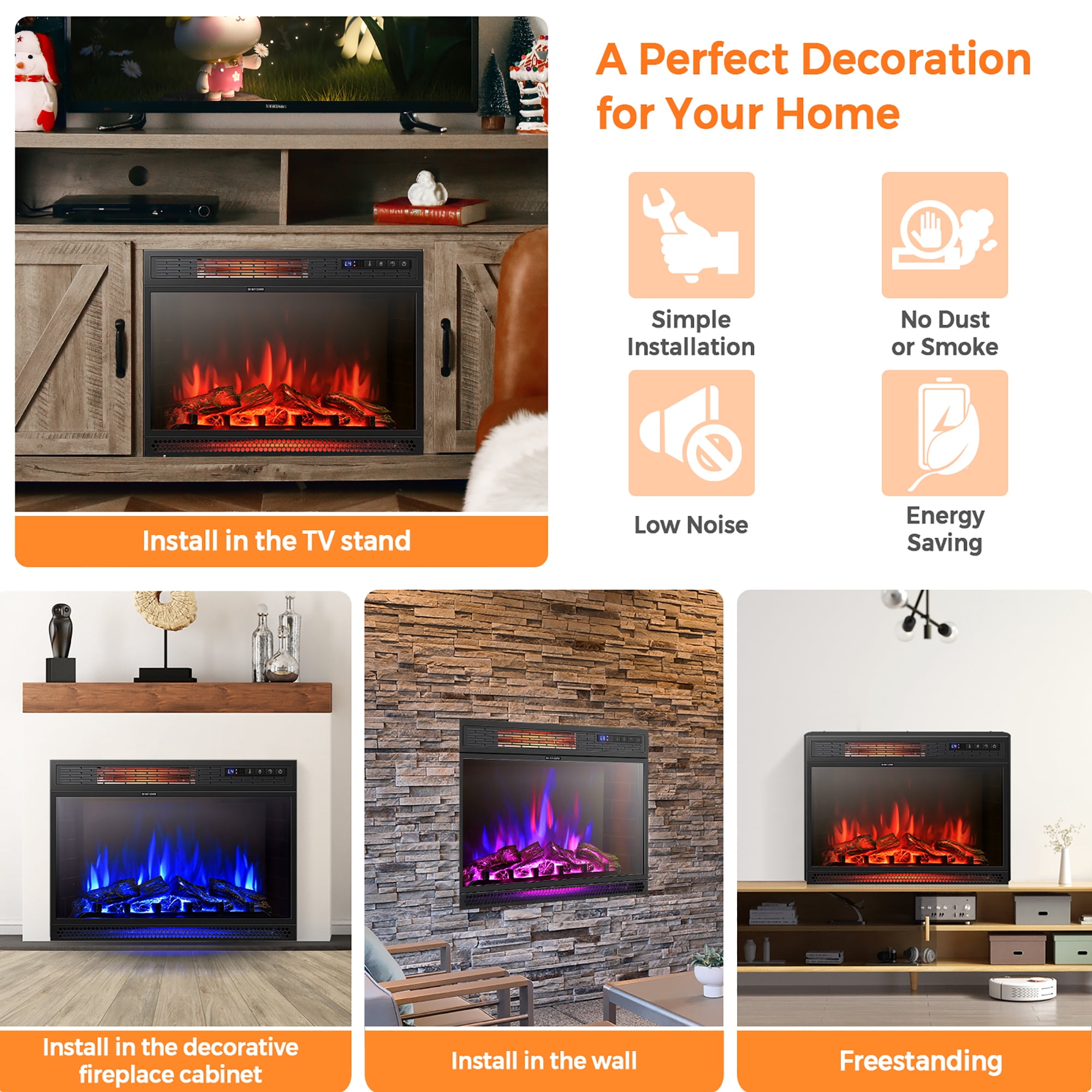 Costway 25''Electric Fireplace Freestanding & Recessed Heater Log Flame Remote 1350W