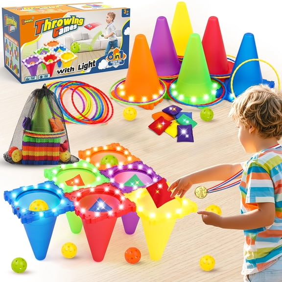 Light-Up Cone Ring Bean Bag Toss Carnival Game Set, Indoor Outdoor for Kids Adults