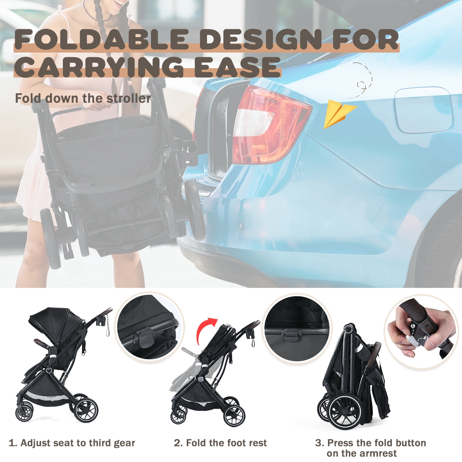 AILEEKISS Baby Stroller, 3 in 1 Stroller for Newborn, Folding Infant Pushchair, 22LB, Black