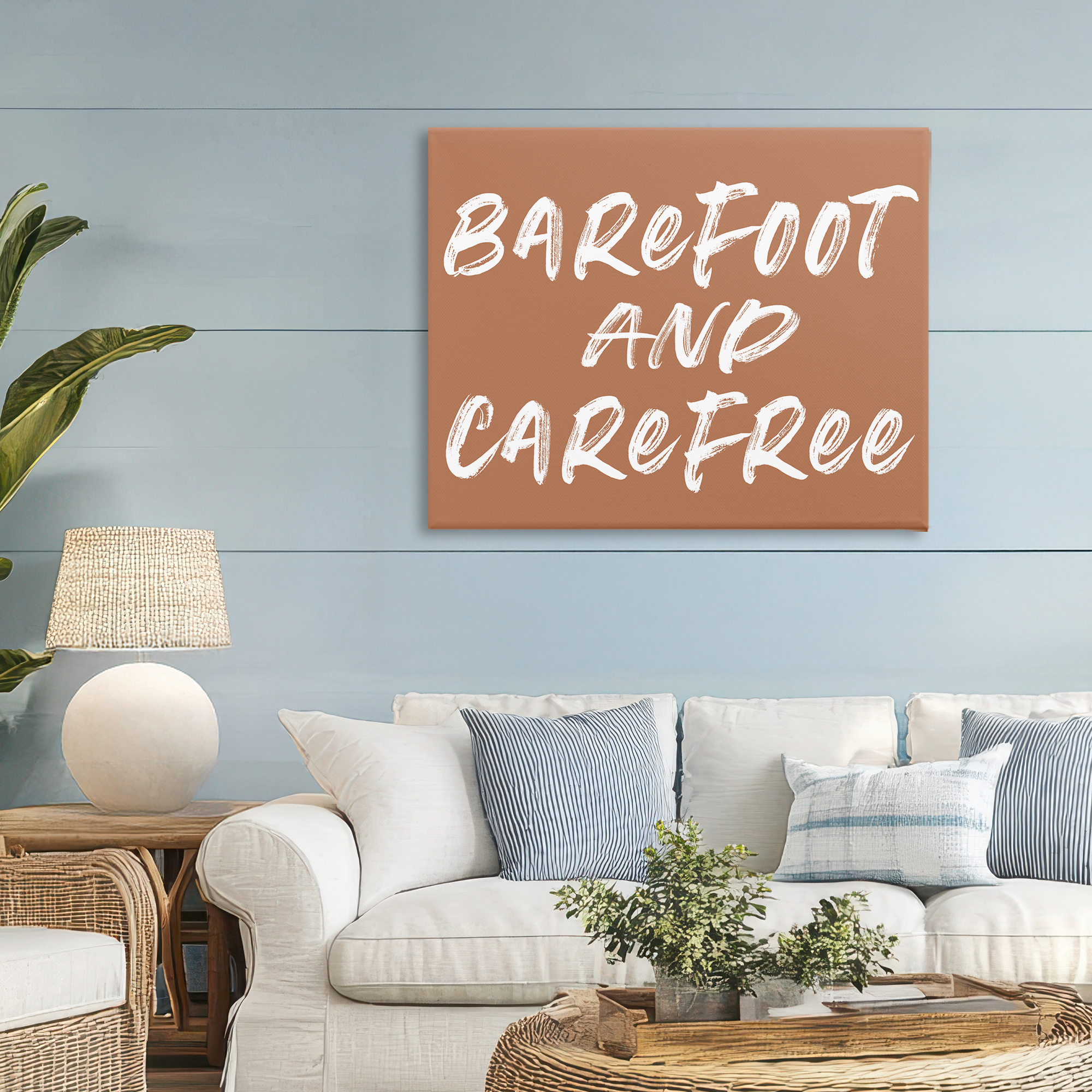 Barefoot & Carefree Brown Canvas Wall Art, design by Lettered and Lined