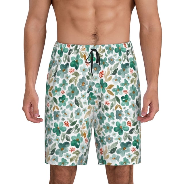 Balery Floral In Teal Pantalones cortos de pijama de punto de algodón para hombre con cinturilla y bolsillos-Medium