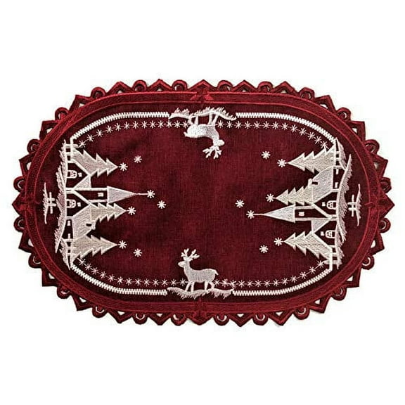 Doily Boutique Christmas Placemat or Doily with Reindeer and Church on Red Burlap Linen Fabric Size 11 x 17 inches