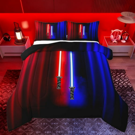 Manfei Neon Light Sword Bedding Comforter Set,Cartoon Lightsaber Twin Comforter Sets,Red Blue Lines Bedding Set For Kids,Luxury Bedroom Decor Reversible,2-Piece