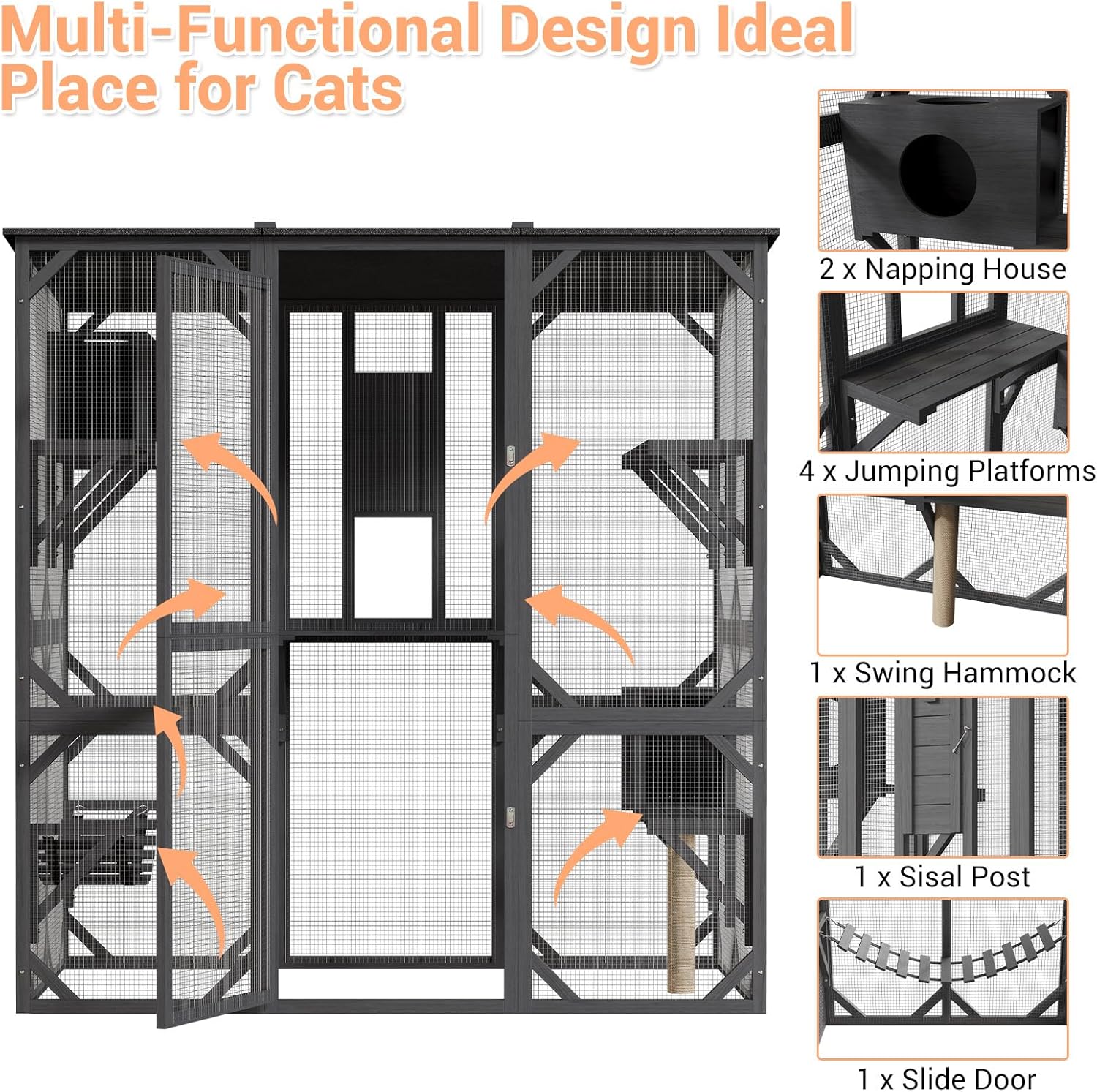 LIZHOUMIL 70" Catio Enclosure, Wooden Outdoor Cat House w/Asphalt Roof, Multi-Level