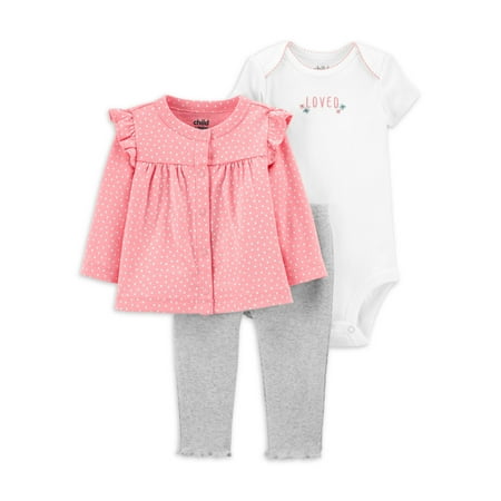 Child of Mine by Carter&amp;#39;s Baby Girl Outfit Set with Cardigan, 3-Piece, Preemie-24 Months