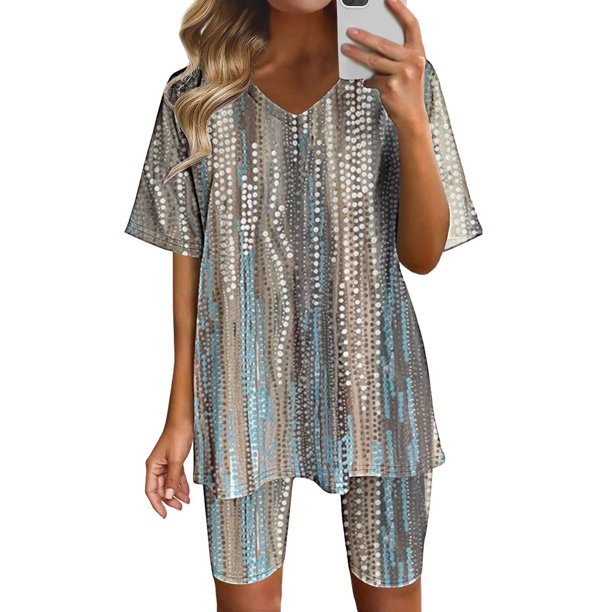 Puntoco Mujer Verano Manga Corta V-Cuello Tops Pantalones Cortos Cómodo Homewear Traje De Dos Piezas Conjuntos Liquidación Puntoco Puntoco-5192