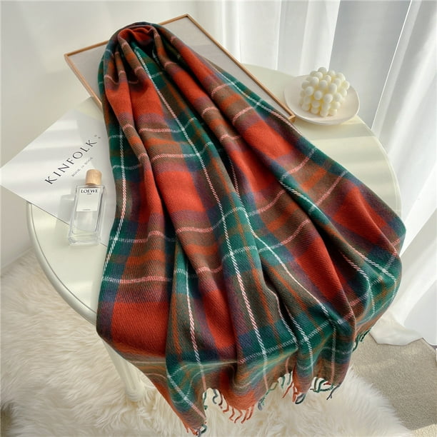 Bufanda de cuadros estilo invierno para mujer, cálida, a la moda, con borlas, para estudiantes, bufanda larga gruesa, chal para parejas para hombres