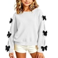 thumbnail image 4 of FRSASU Girls Bow Decorative Long Sleeve Crew‑Neck Fleece Pullover Sweatshirt Drop Shoulder Casual Tops White, 4 of 5
