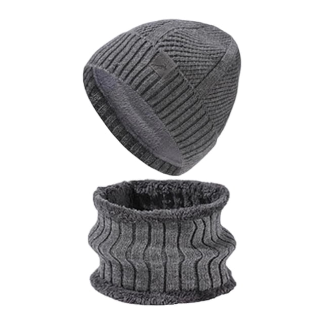 MIASHUI Autumn Winter New Thick Knit Hat and Neck Scarf Set Men's Winter Cold Protection Large Head Ear Warm Scarf Grey