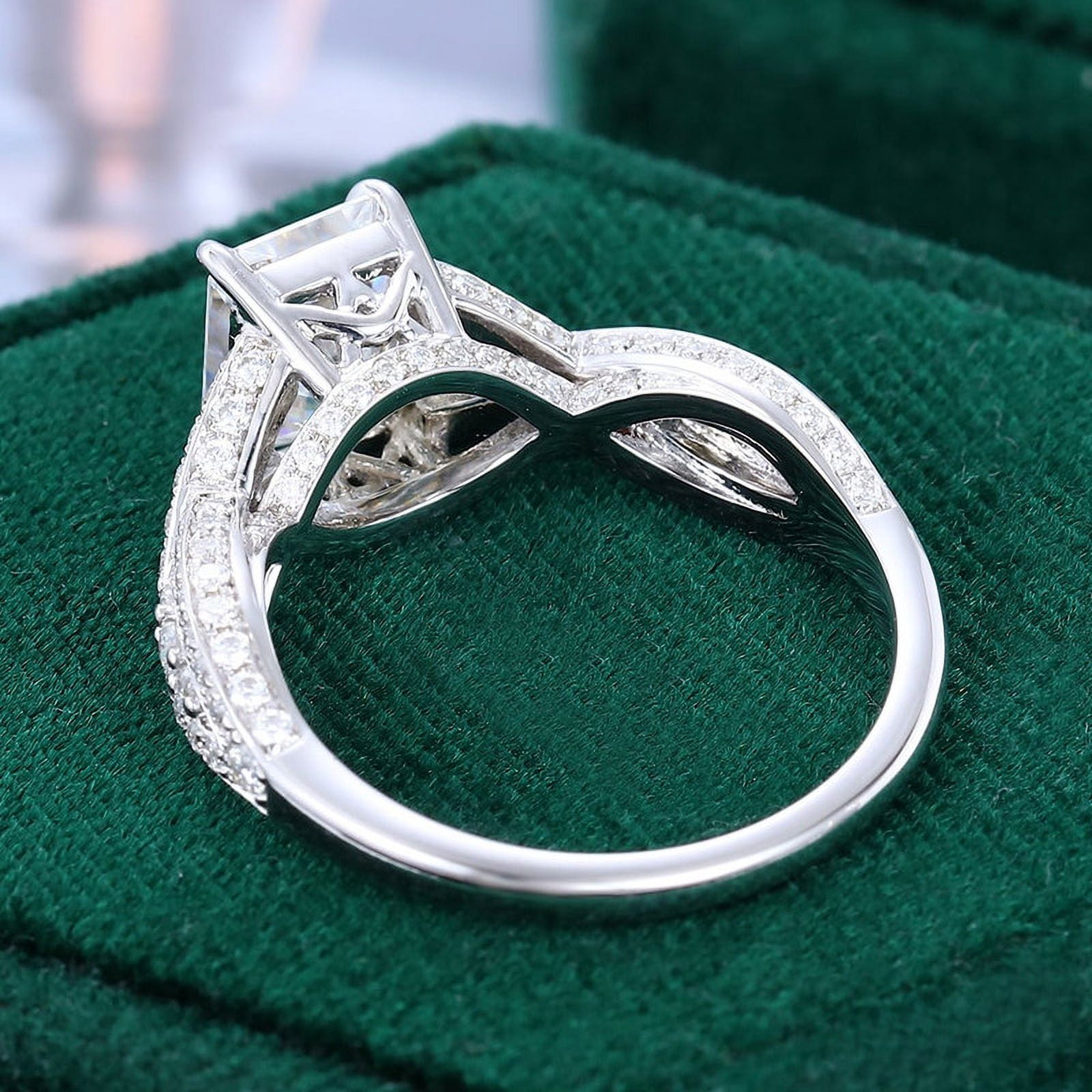 Spot Jewel Radiant Cut Excellent 1.9 Ct Diamond Ring for Women - Silver 14K White Gold Plated Ring - 3 Stone Diamond Rings for Women - Twisted Cross Over Shank Engagement Rings - Elegant Jewelry