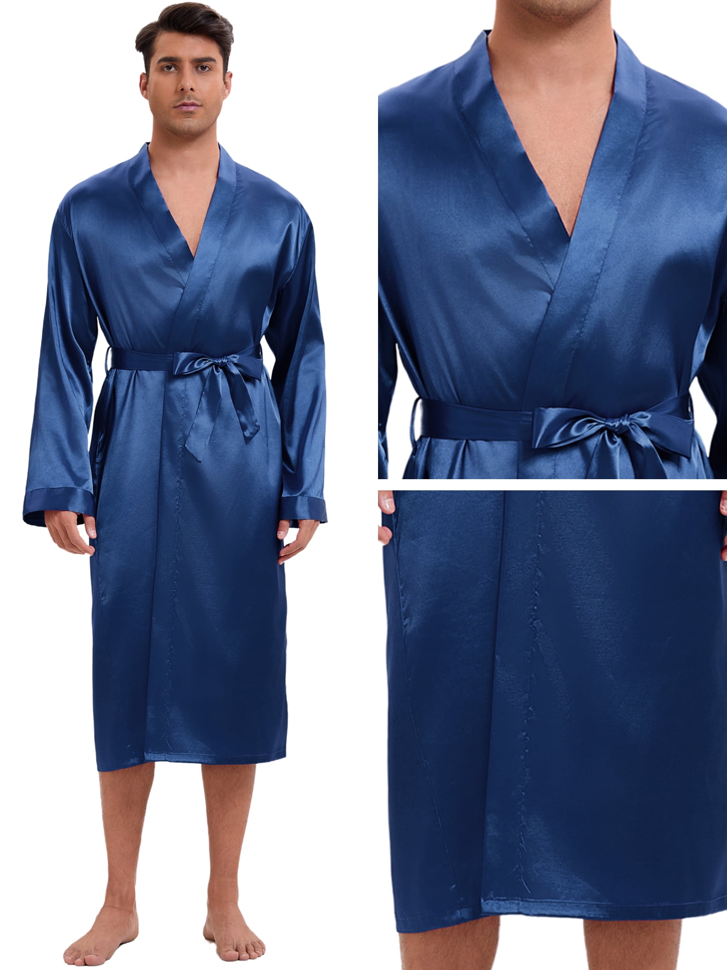 DARING DIVA Men's Long Sleeve Kimono Bathrobe Sleepwear with Shorts Set S Navy Blue
