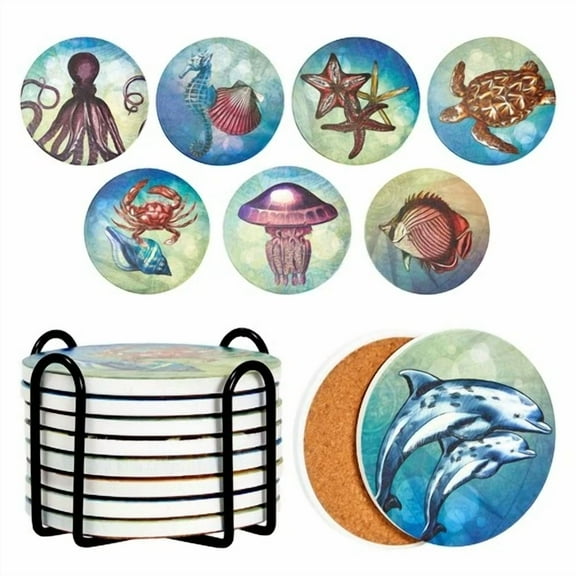Set Of 8 Ceramic Coasters With Holder For Drinks Table Tea Coffee Cup Decor 4"