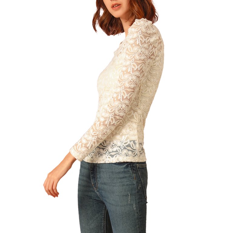 MODA NOVA Junior's Round Neck Long Sleeve Semi Sheer Floral