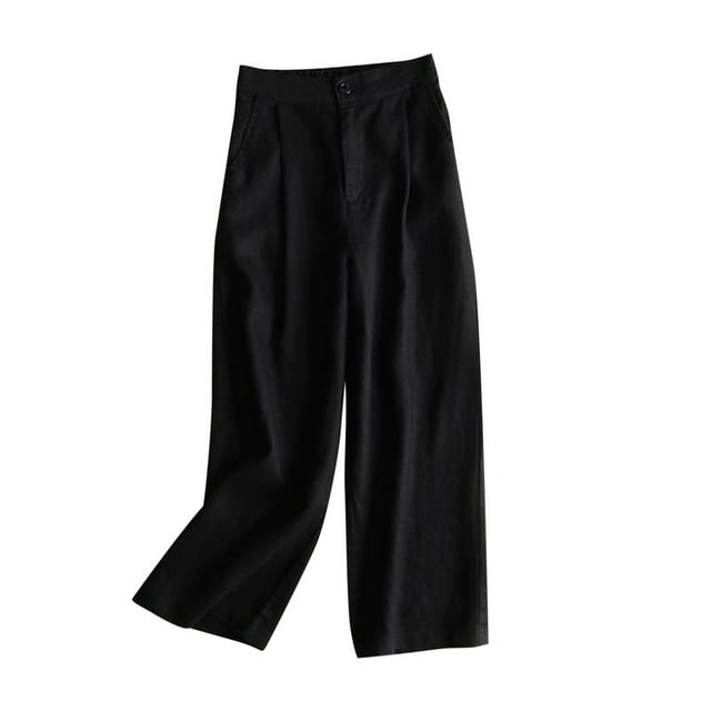 Timegard Womens Lounge Pants Wide Leg Cotton Linen Elastic Waisted Button Loose 3/4 Pants with Pockets