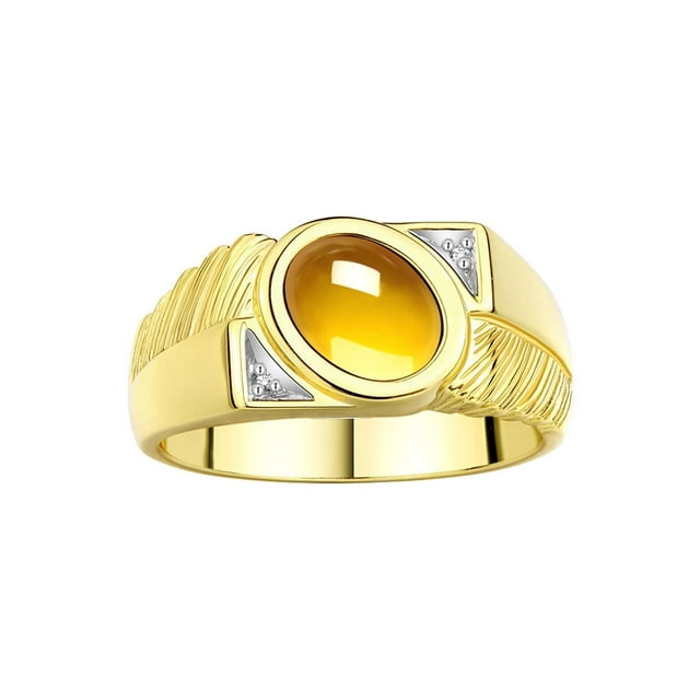 RYLOS Men's Rings 14K Yellow Gold Cabochone Gemstone & Diamond Designer Citrine Rings For Men Size 10