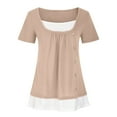 thumbnail image 3 of QLEICOM Women's Casual Short Sleeve Henley Crewneck Loose Fit Pleated Tunic Shirt Blouse Tops Fake Two Pieces Pleated Button T-Shirt Khaki M, US Size:6, 3 of 5