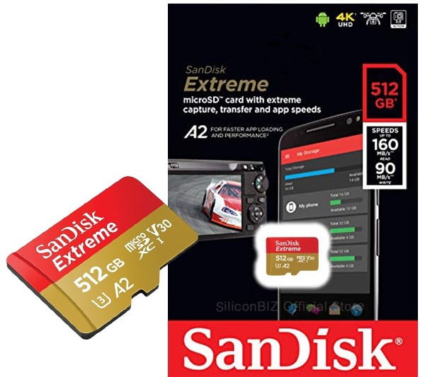 SanDisk Extreme 512GB C10 U3 V30 A2 Micro SD Card SDSQXA1-512G