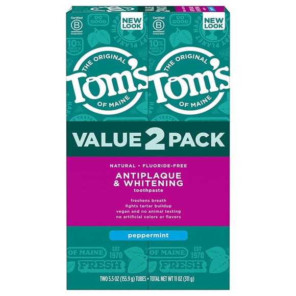 Tom's of Maine Dentifrice Naturel Antiplaque et Blanchissant Sans Fluorure, Menthe Poivrée, 5,5 oz (Lot de 2)